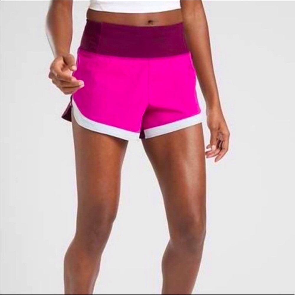 Athleta Pink and Maroon Block Lined Running Shorts with Zip Pocket